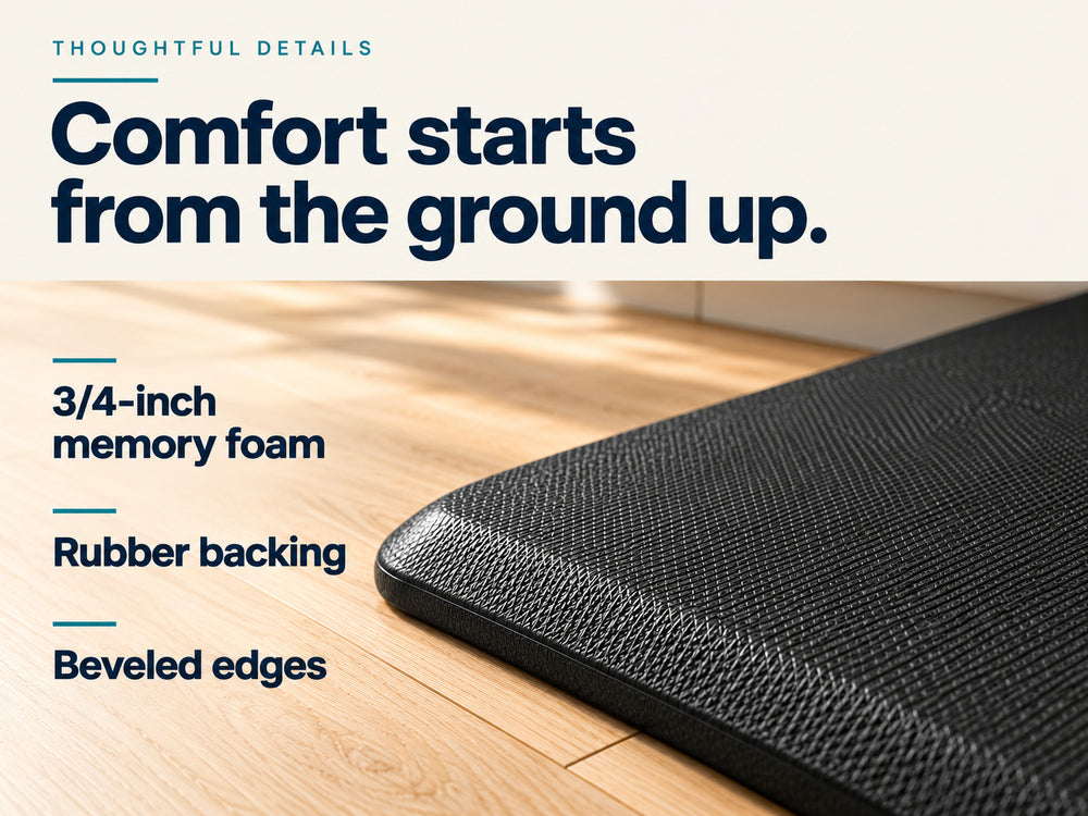 Memory foam cushioning, textured surface, beveled edge and rubber backing