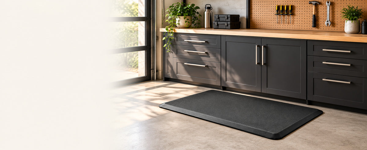 Black Sky Solutions mat at a garage workbench