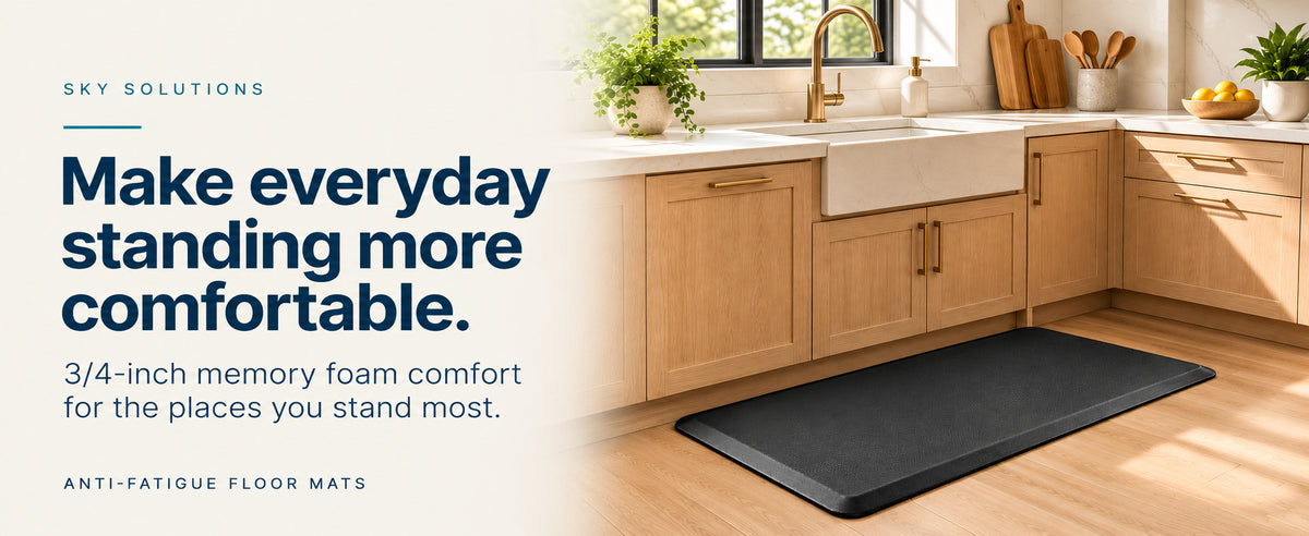 Sky Solutions black memory foam mat in a bright home kitchen