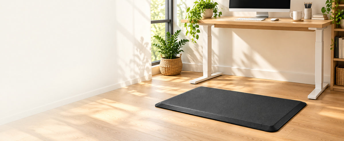 Black Sky Solutions mat beneath a standing desk